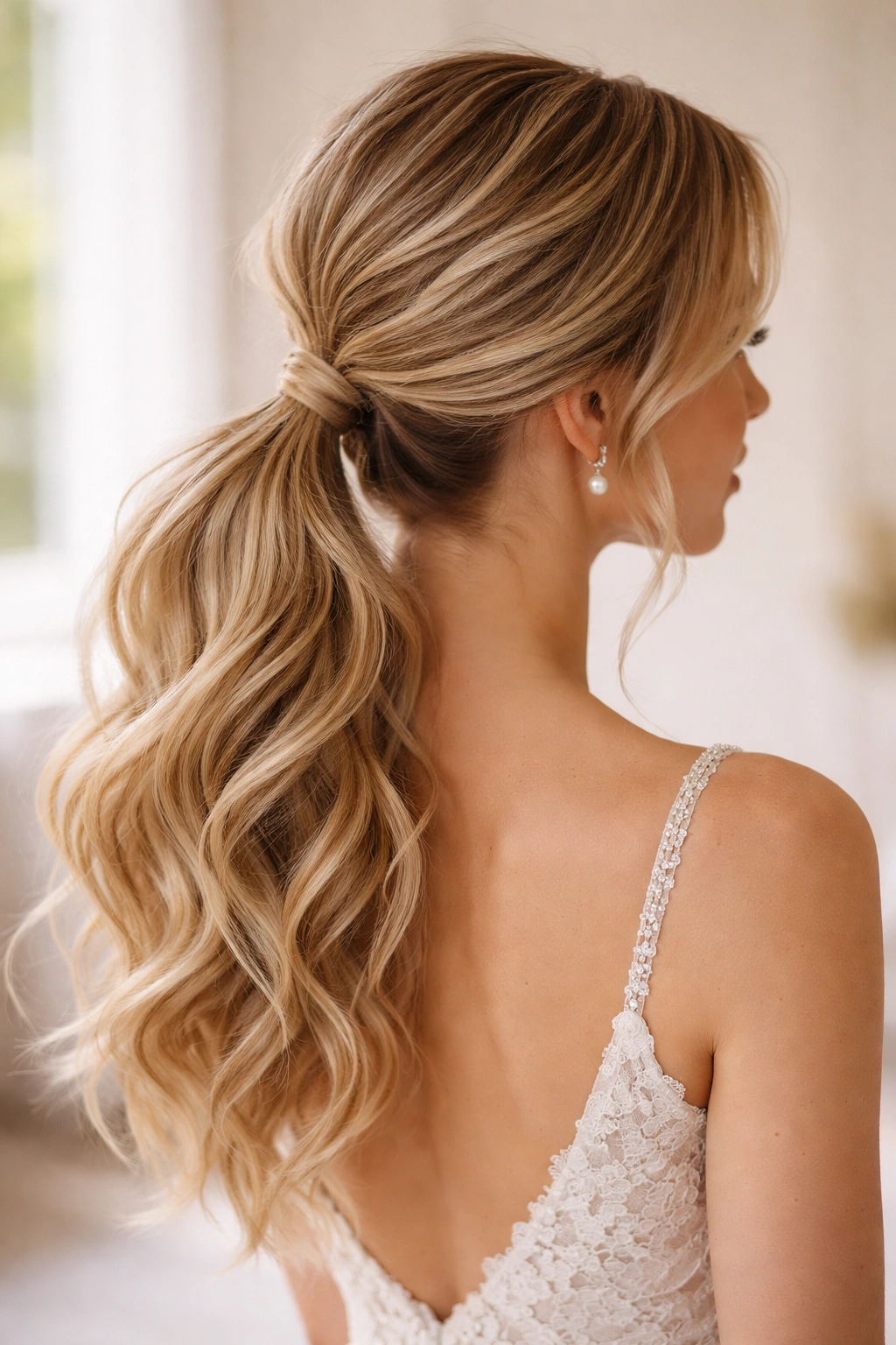 Low Ponytail with Textured Waves for bridal look