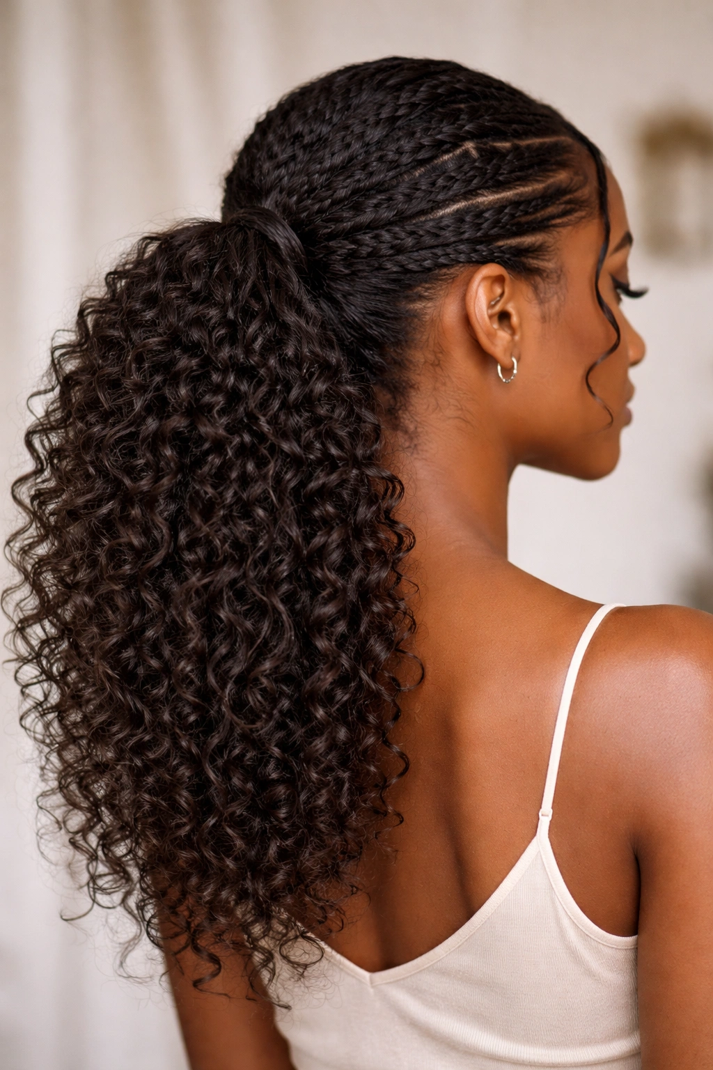 Textured low ponytail blending natural hair with curly weave