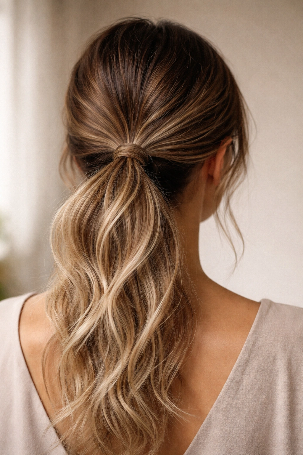Two-tone textured low ponytail with color variation