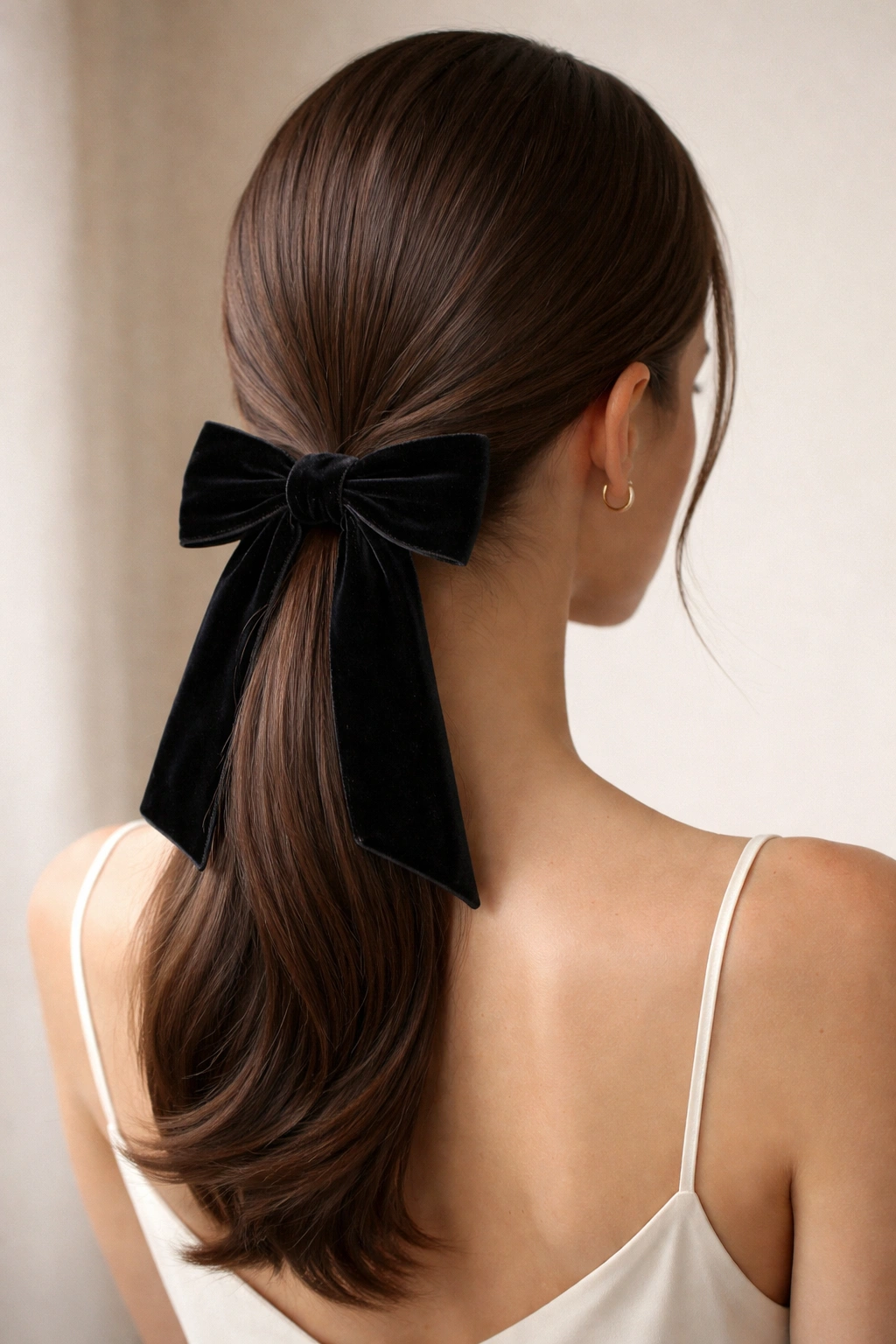 Sleek low ponytail at nape with velvet bow
