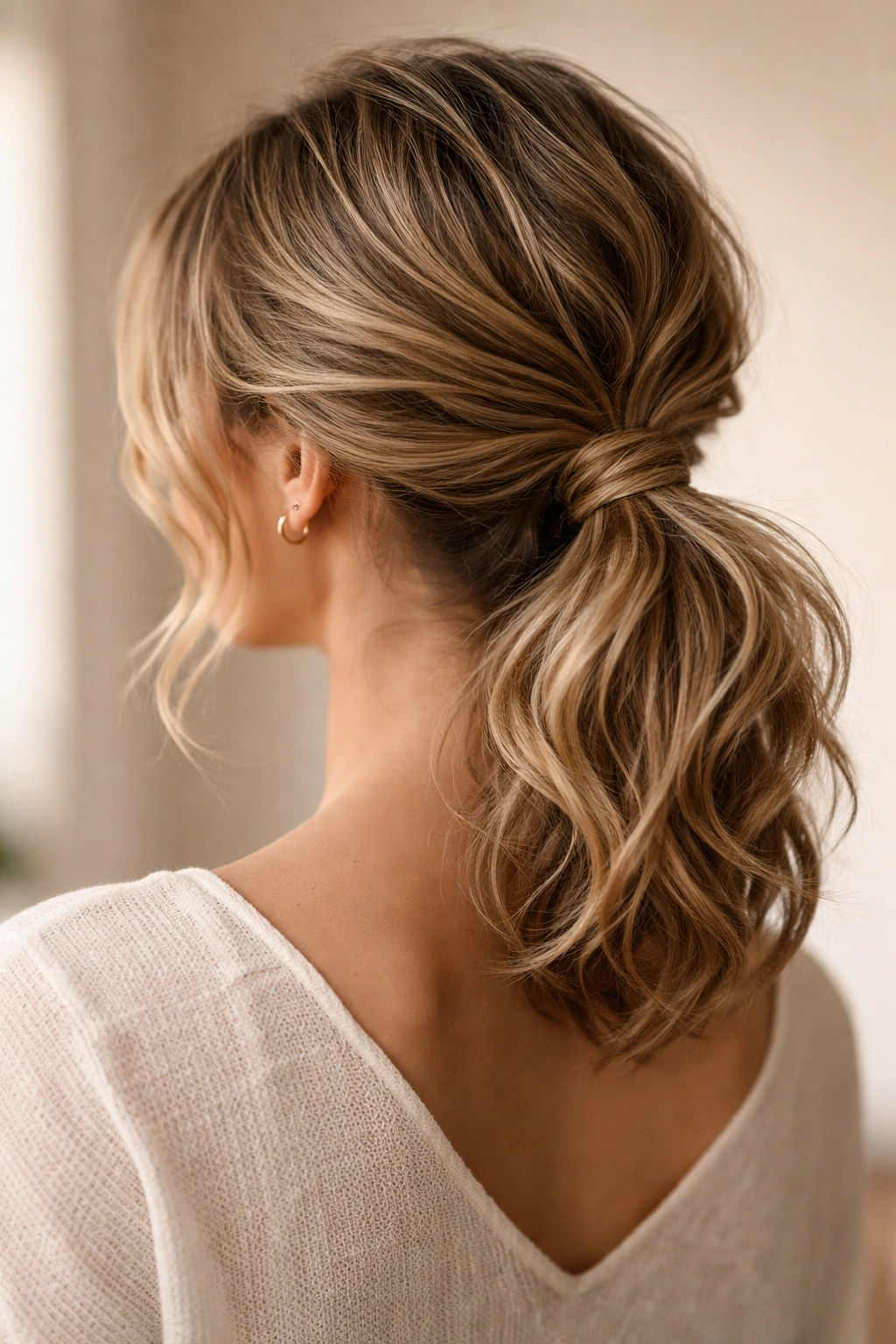 Low ponytail with volume at nape and wrapped elastic