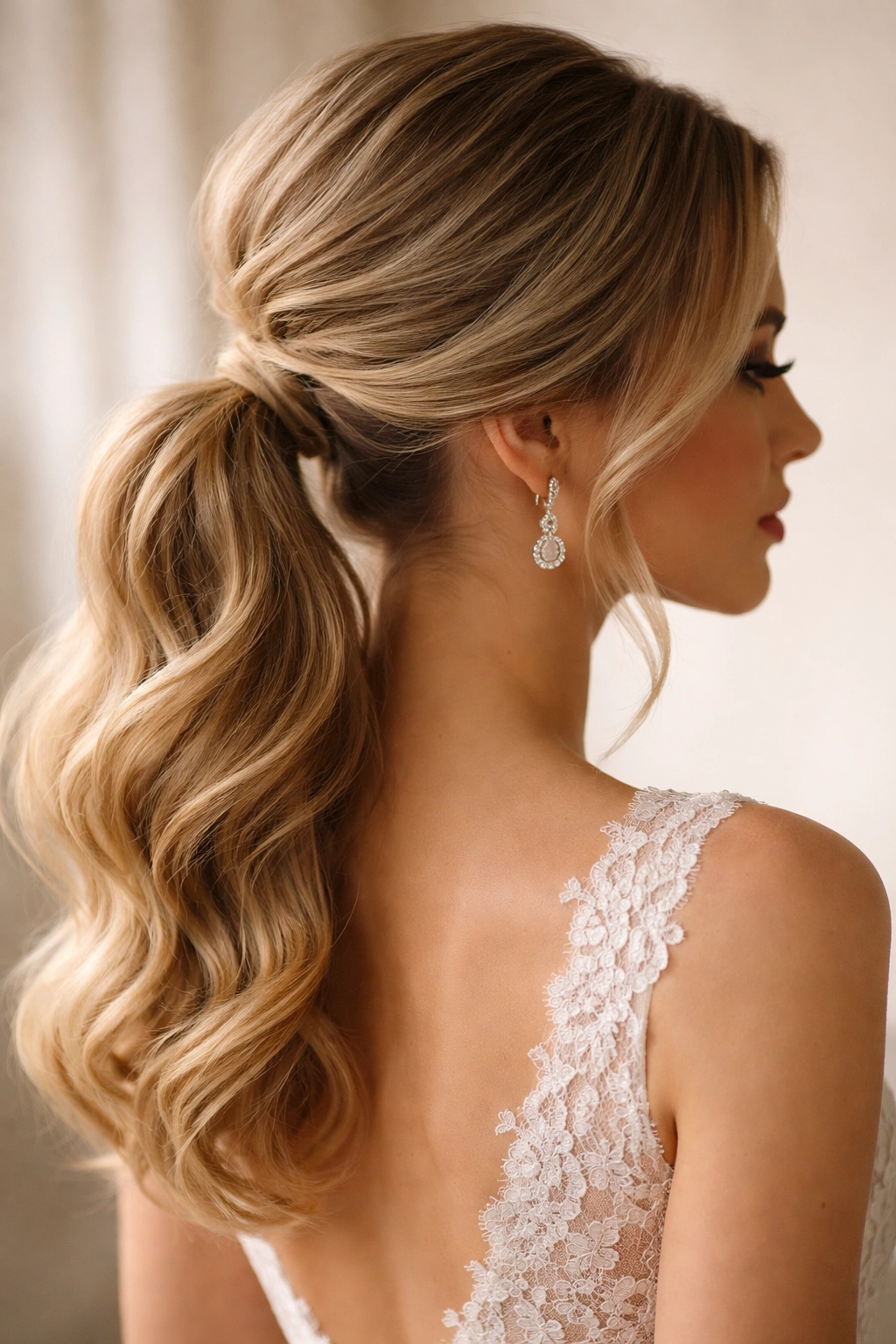 Close-up of a bridal classic low ponytail with voluminous roots and textured waves