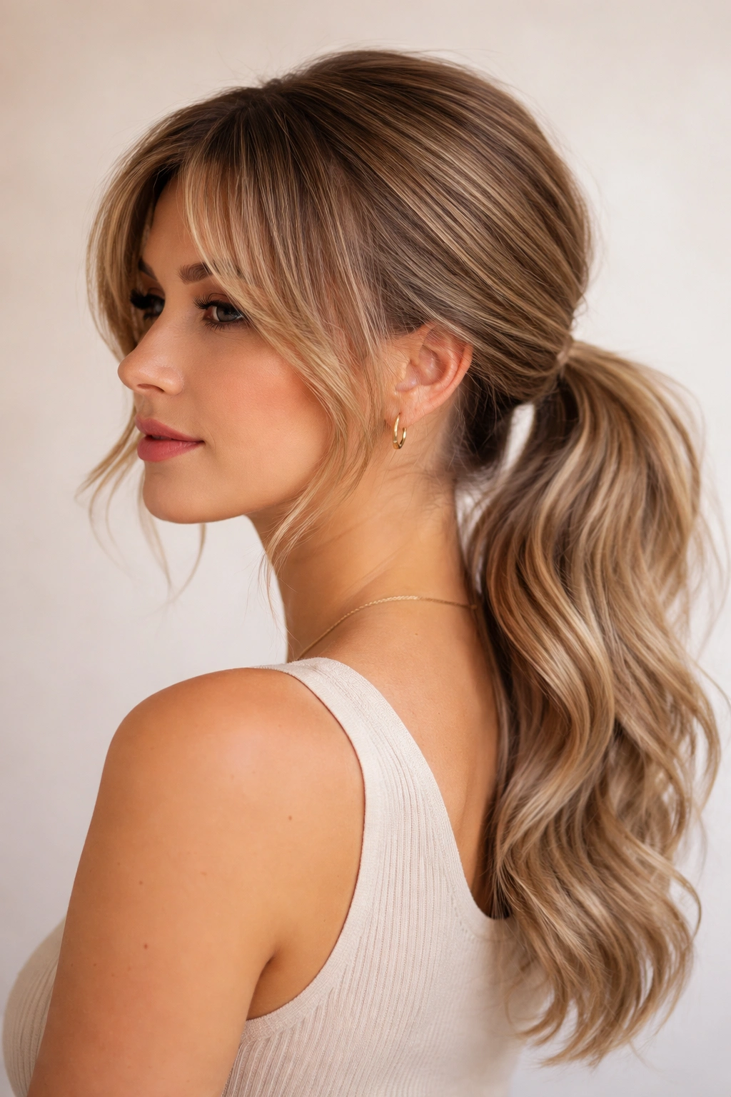 Low textured ponytail at the nape with curtain bangs and waves.