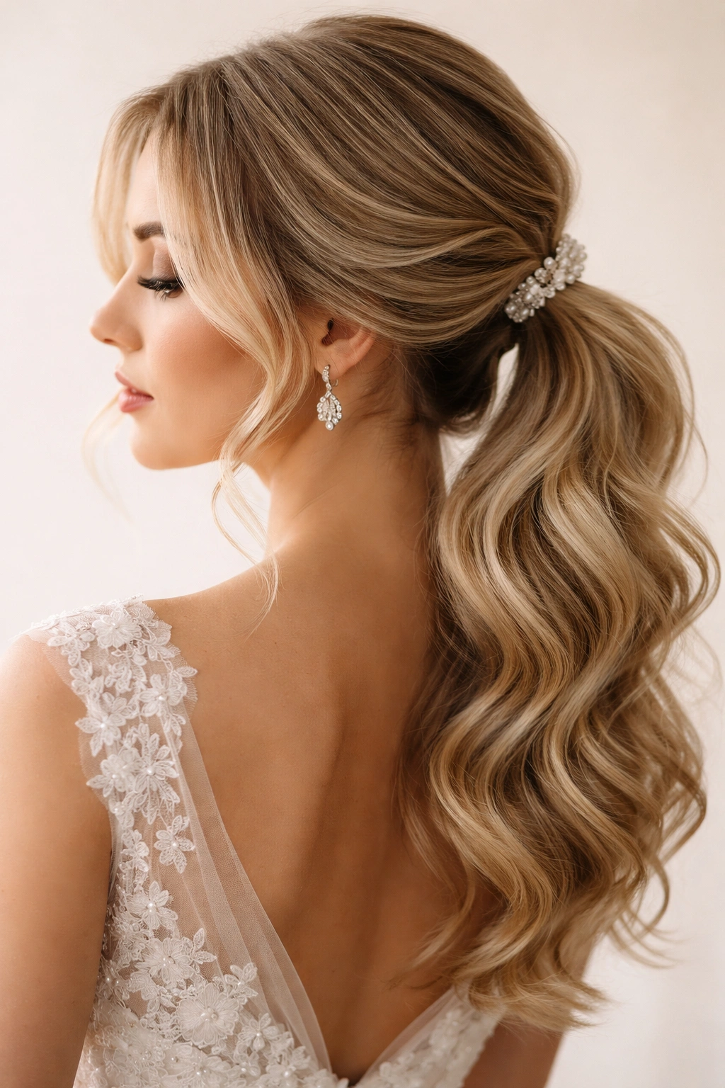 Close-up of a bride's low ponytail at the nape with soft waves.