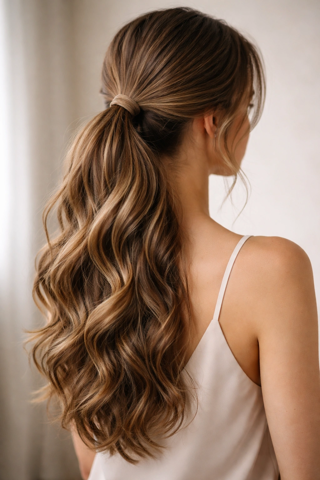 Long waves gathered into a low ponytail at the nape of the neck