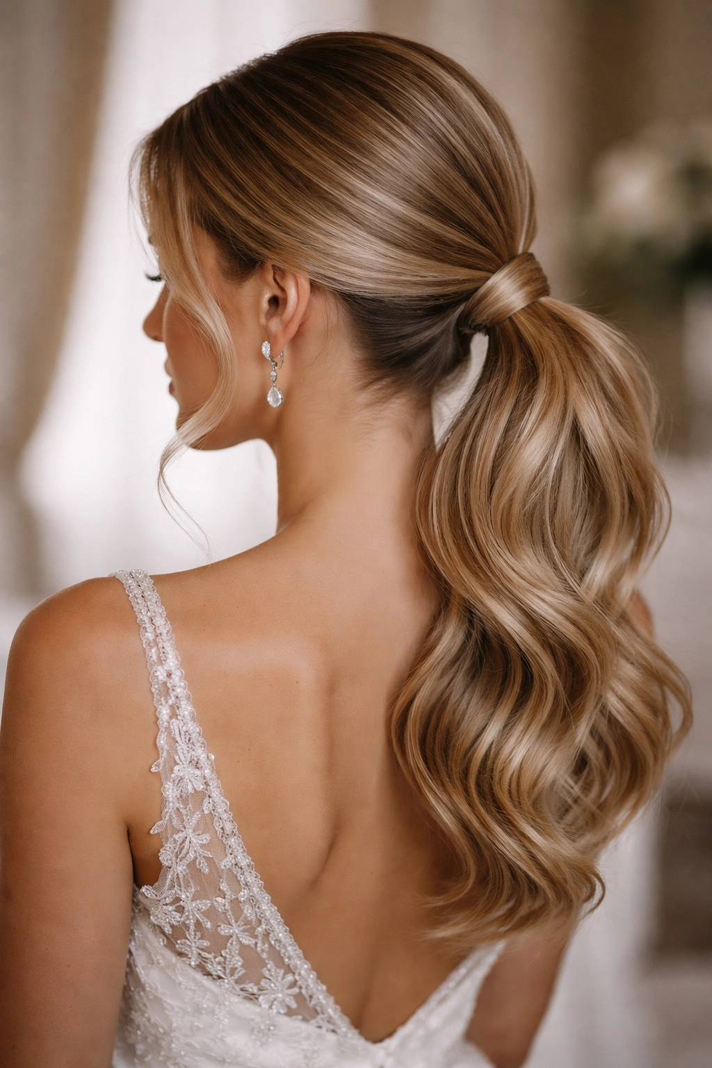 Close-up of a polished low ponytail on a bride under soft studio lighting