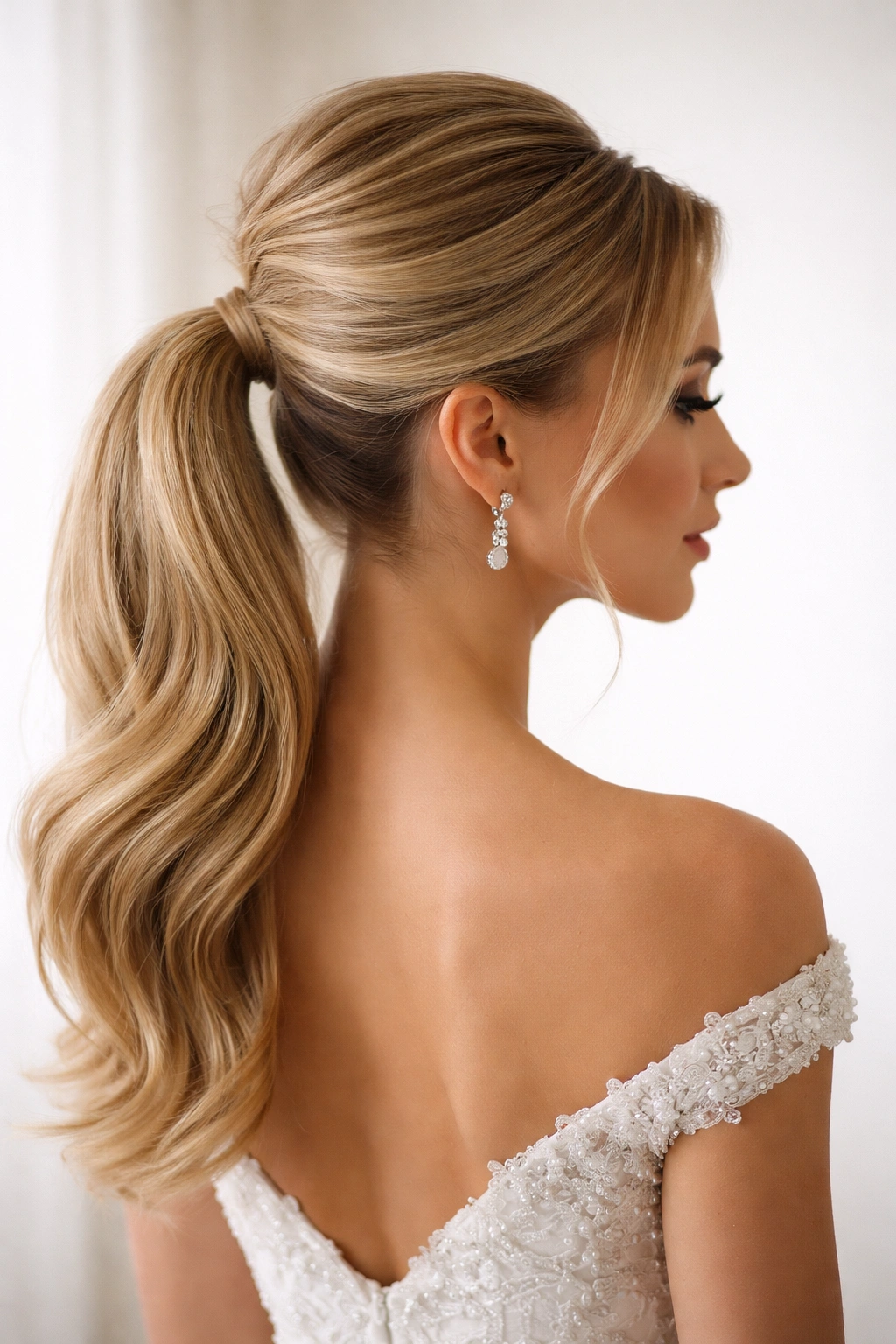 Low ponytail at the nape with crown volume and sleek tail