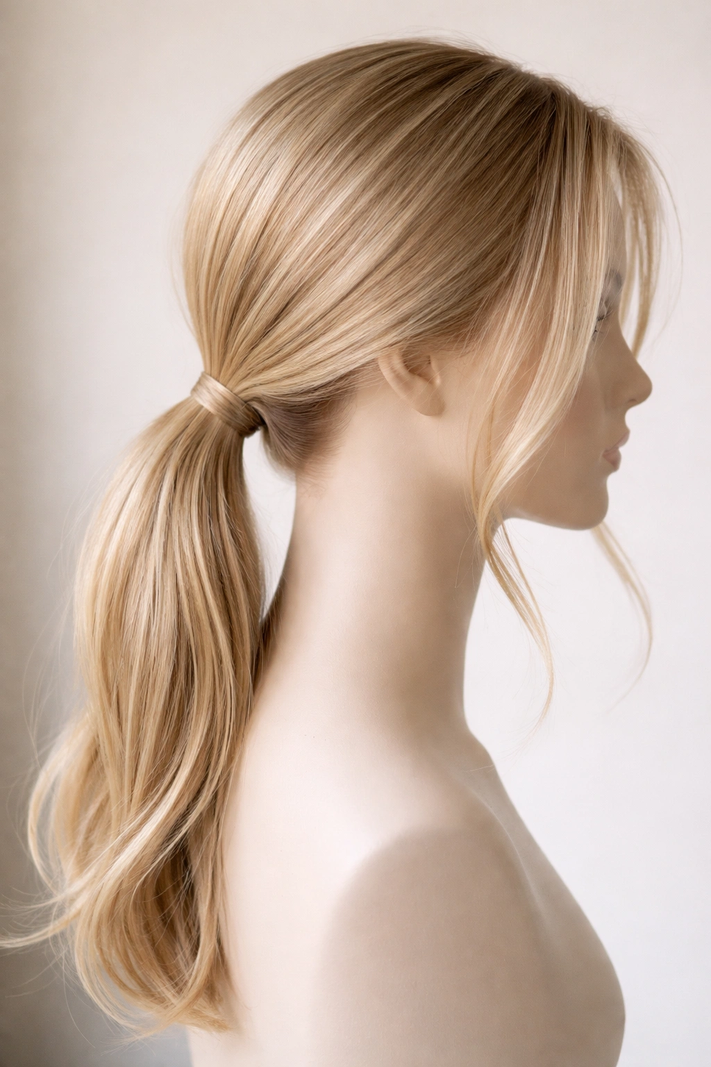 Close-up of a low ponytail with wispy face-framing pieces