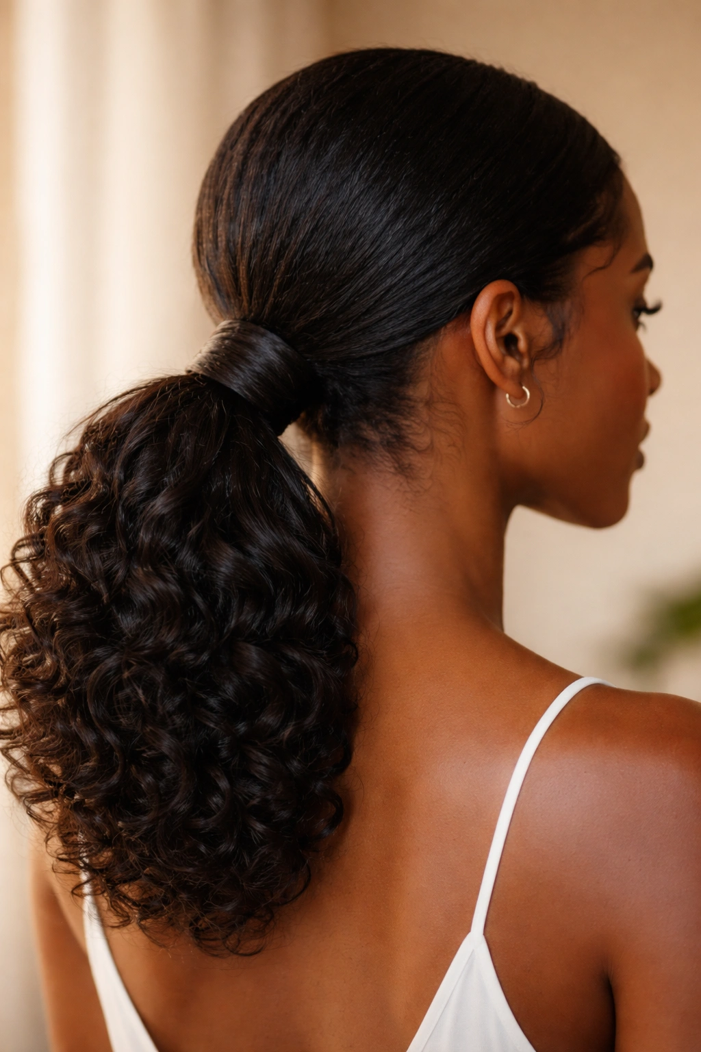 Low ponytail at the nape with a wrap around the base