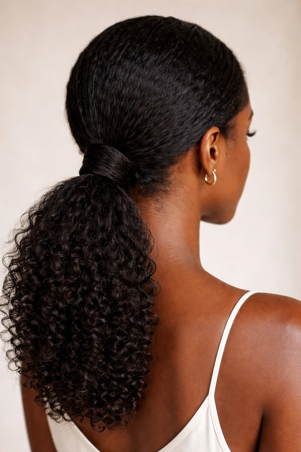 Back view of low ponytail at the nape with wrapped base