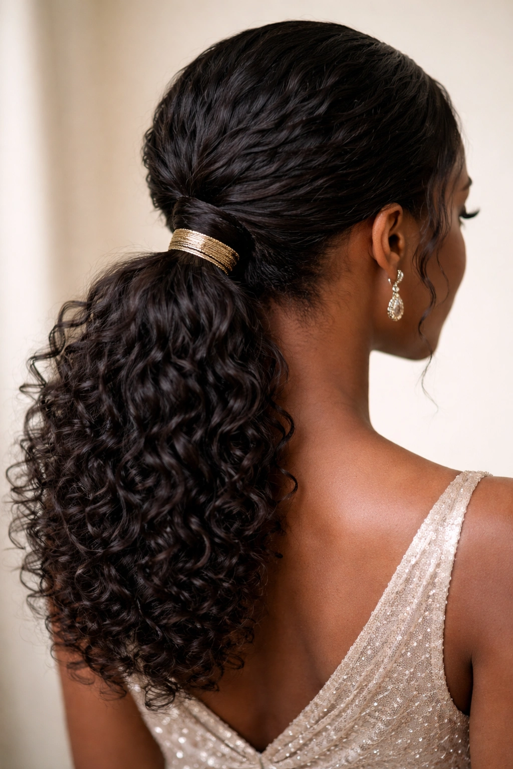 Close-up of a low ponytail with a metallic wrap highlighting shiny curls