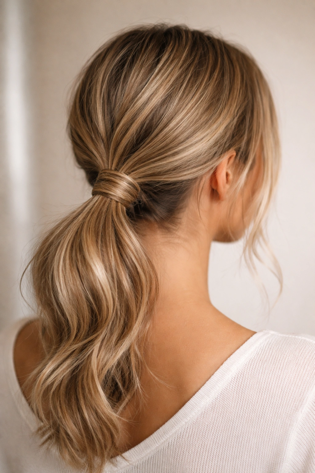 Low ponytail with hair wrapped around the base to conceal elastic