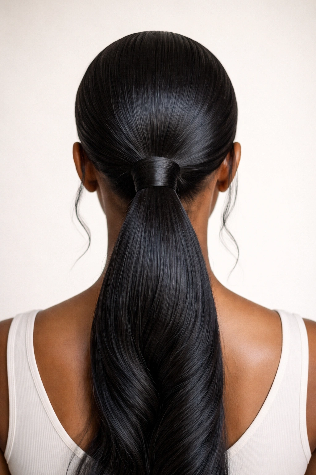 Back view of sleek low ponytail with wrapped base at nape