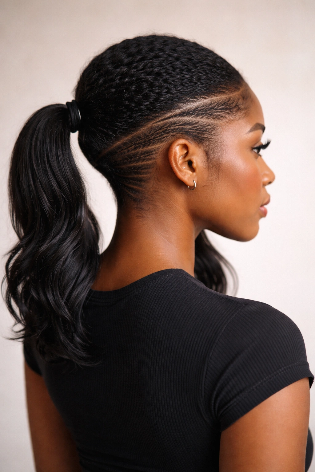 Close-up of two low ponytails with textured undercuts at the sides