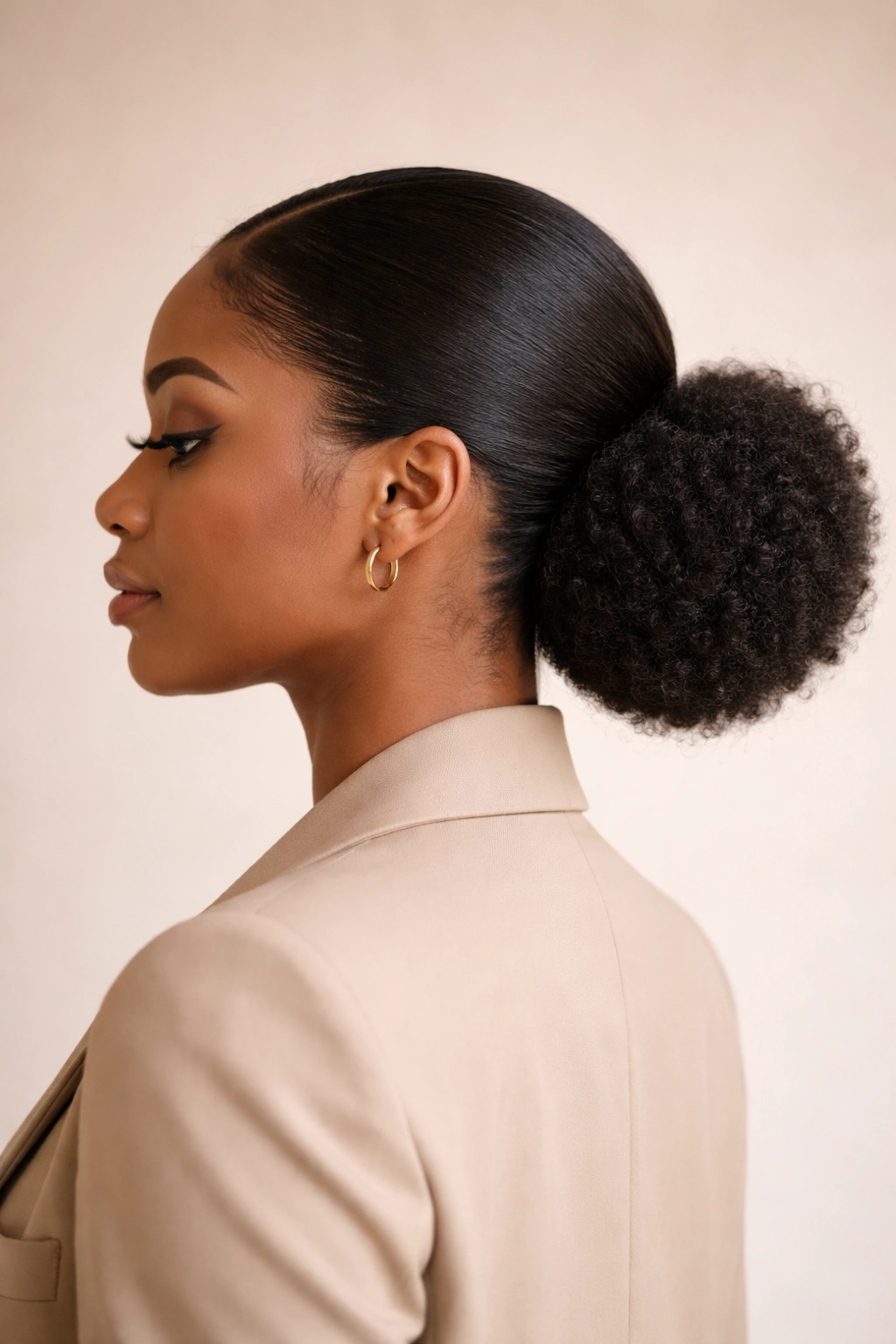 Low puff at the nape of the neck with smooth texture on 4C hair
