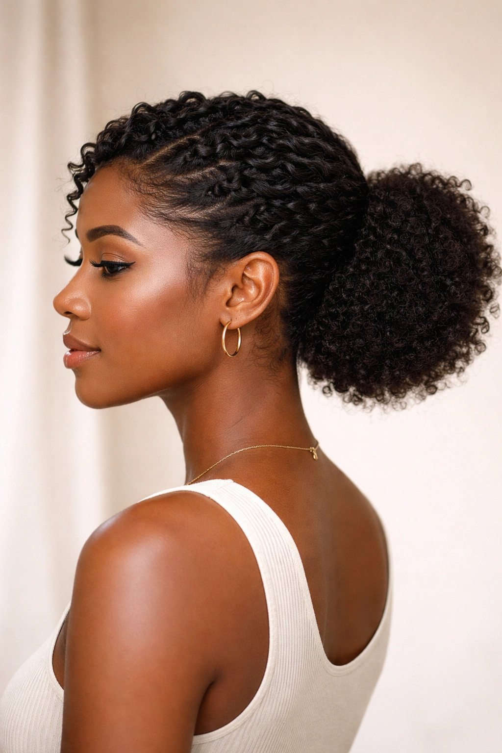 Low puff hairstyle on 4C hair showing crown coils and gathered puff.