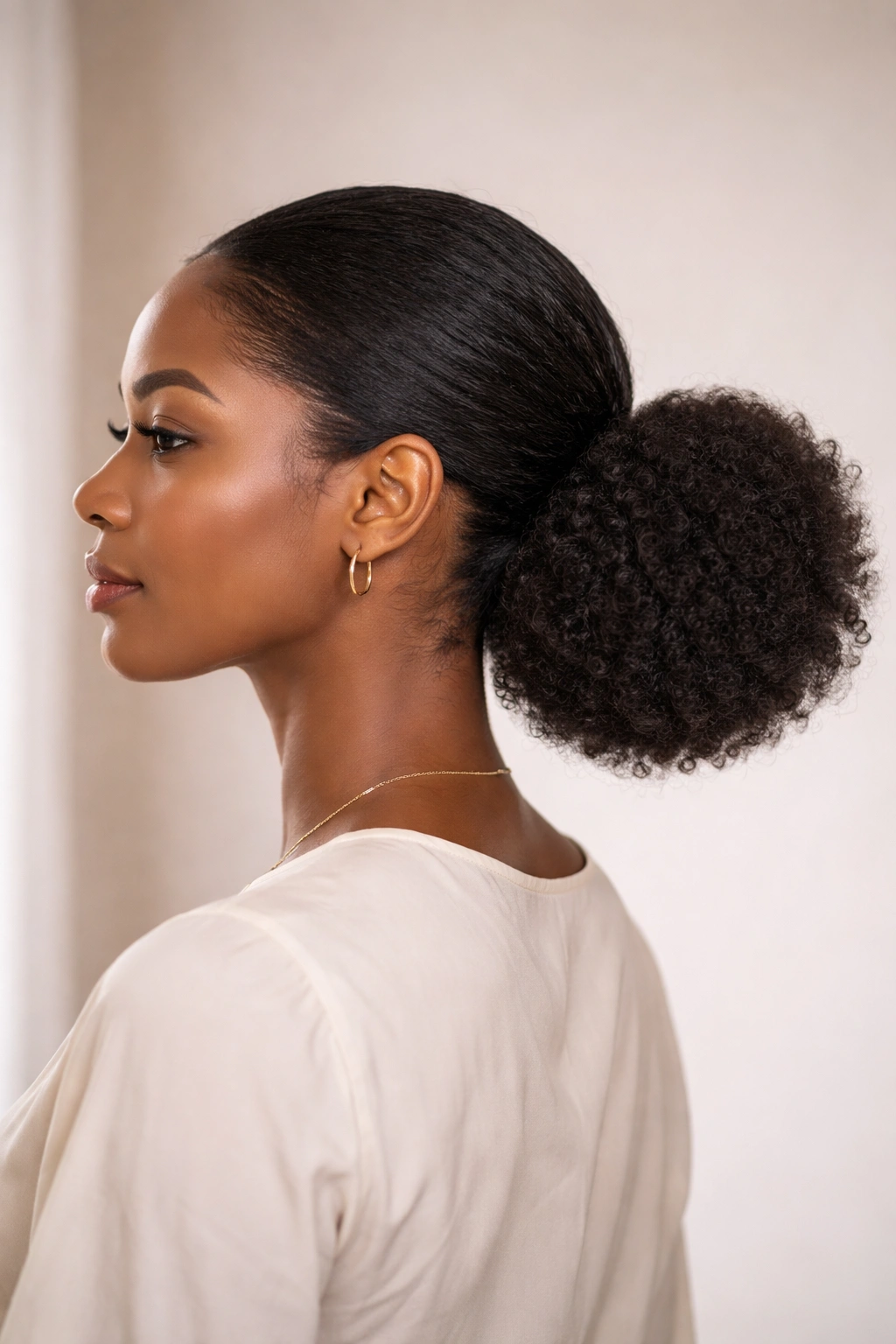 Profile view of a low gathered puff at the nape creating an elegant silhouette
