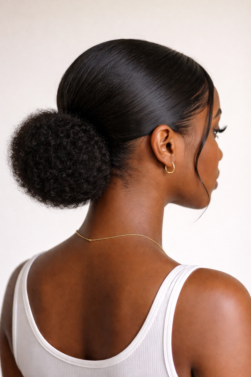 Back view of a sleek low puff at the nape of the neck