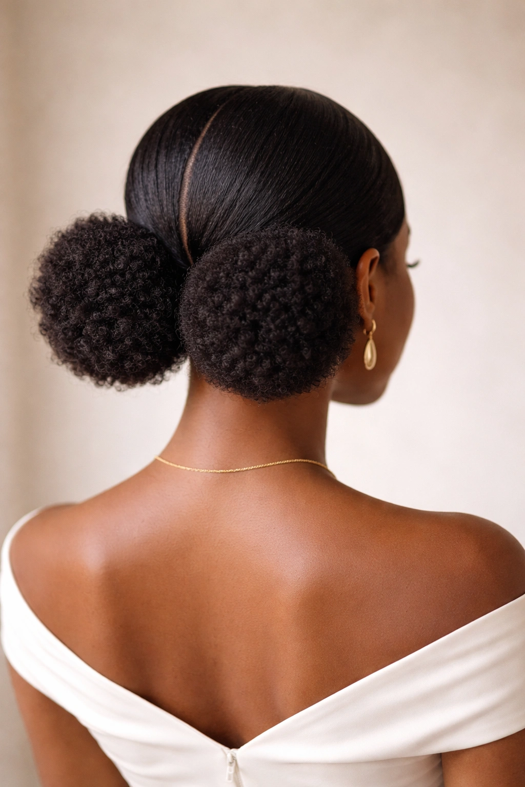 Two low puffs at the nape creating an elegant silhouette