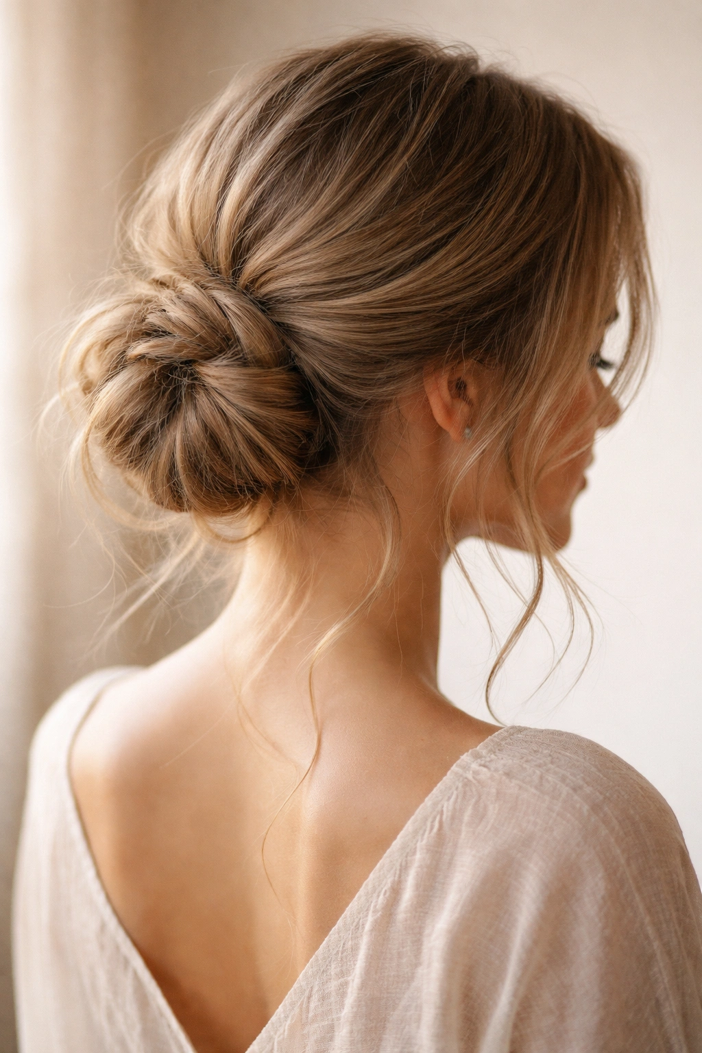 Low romantic messy bun at nape with loose crown strands