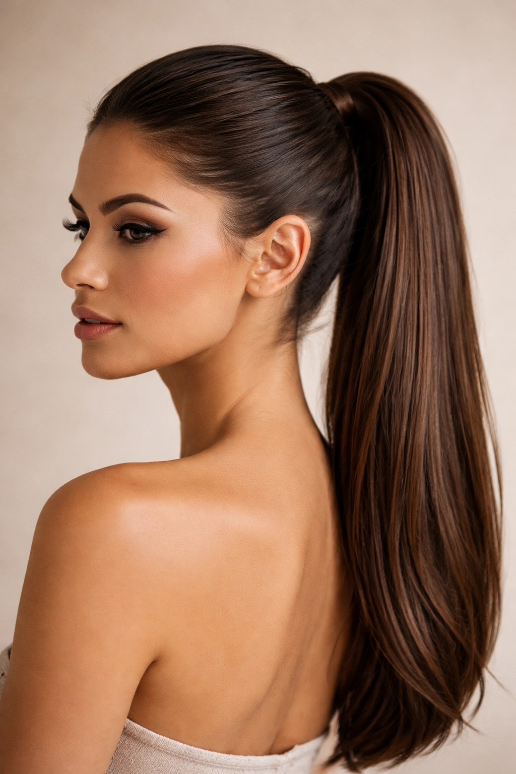 Sleek high ponytail positioned slightly lower than crown