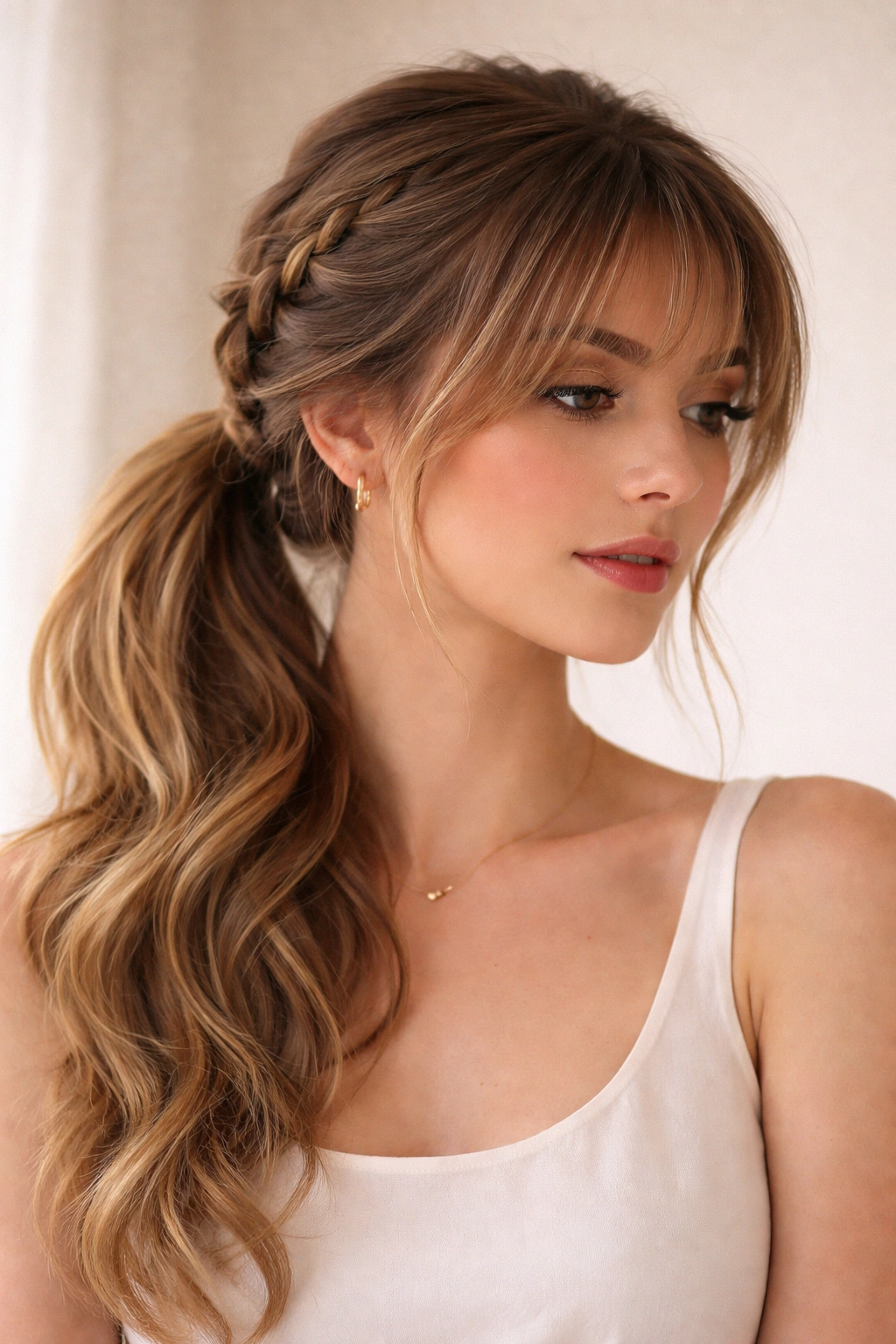 Low side braid into side ponytail with wispy bangs