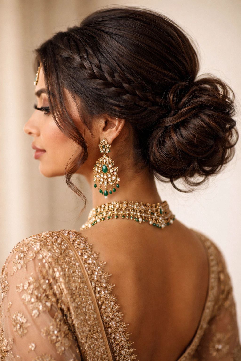 Low side messy bun with a delicate braid for a romantic bridal look