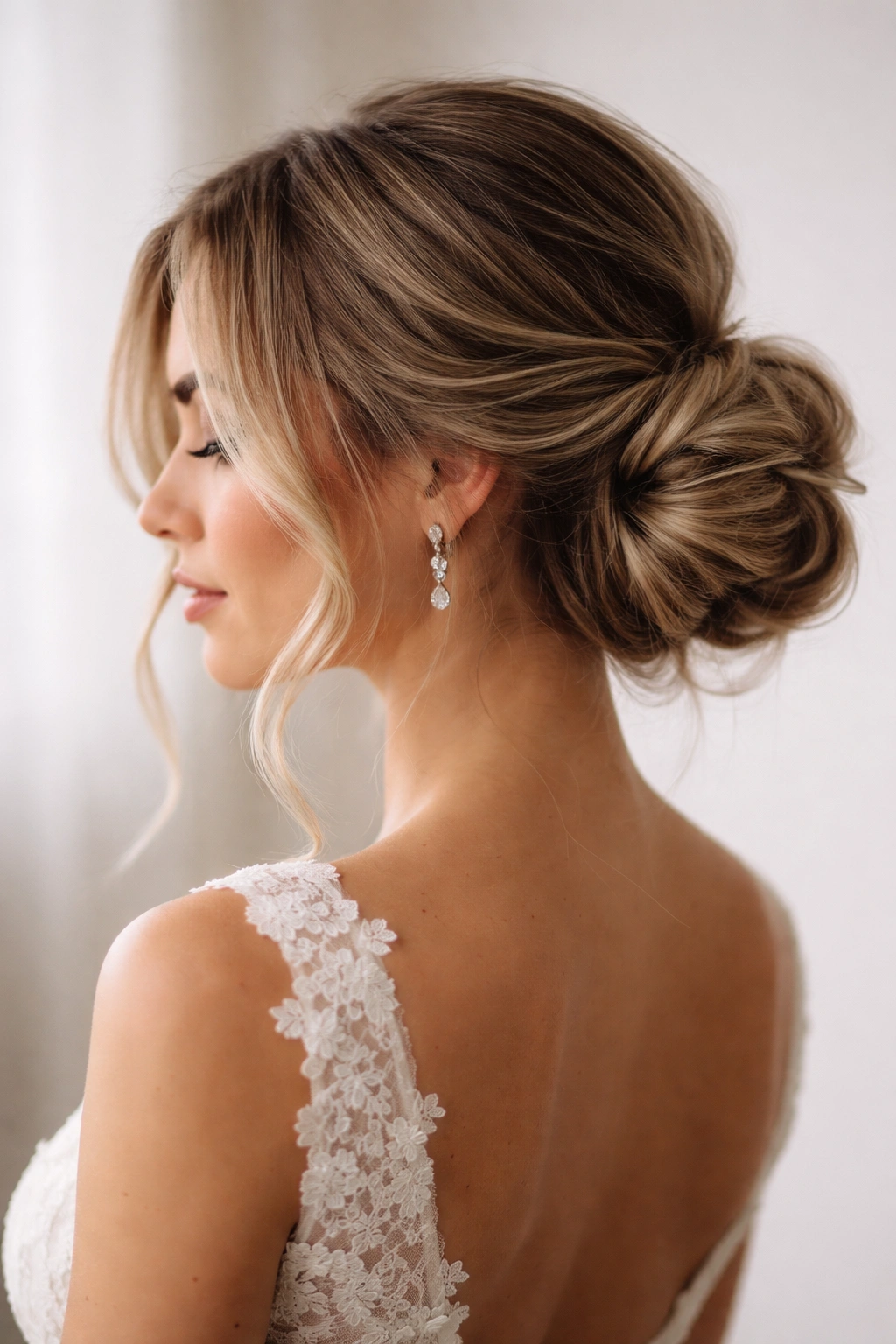 Low side bun at the nape with face-framing strands in soft studio light