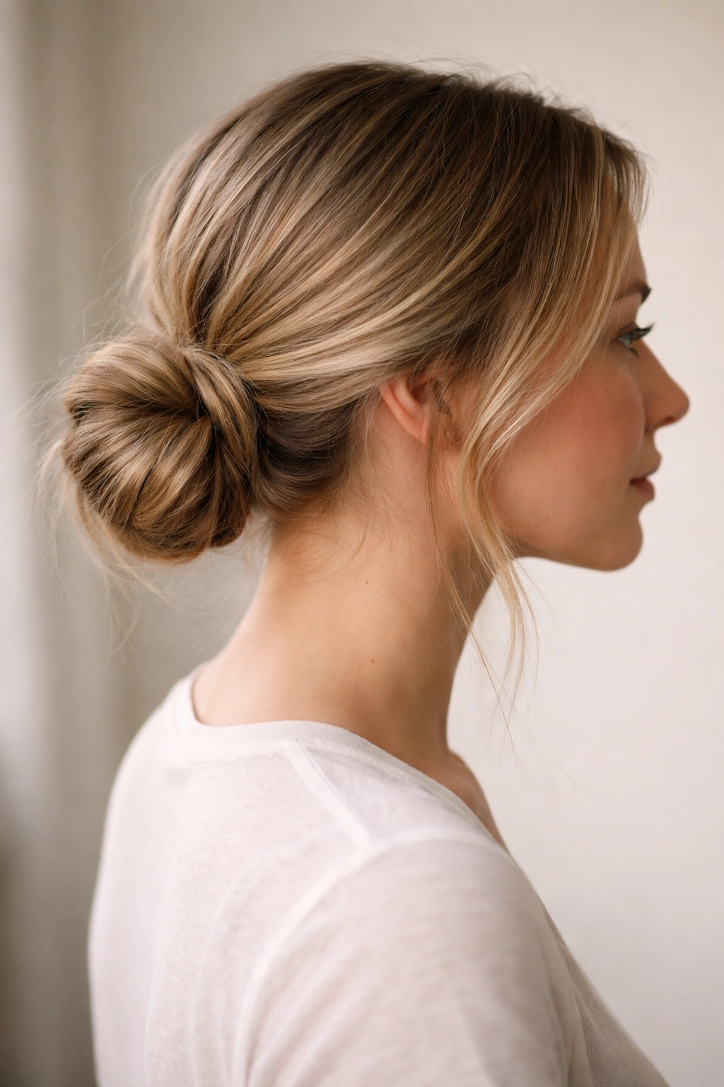 Close-up profile of a low side bun at the nape with compact silhouette