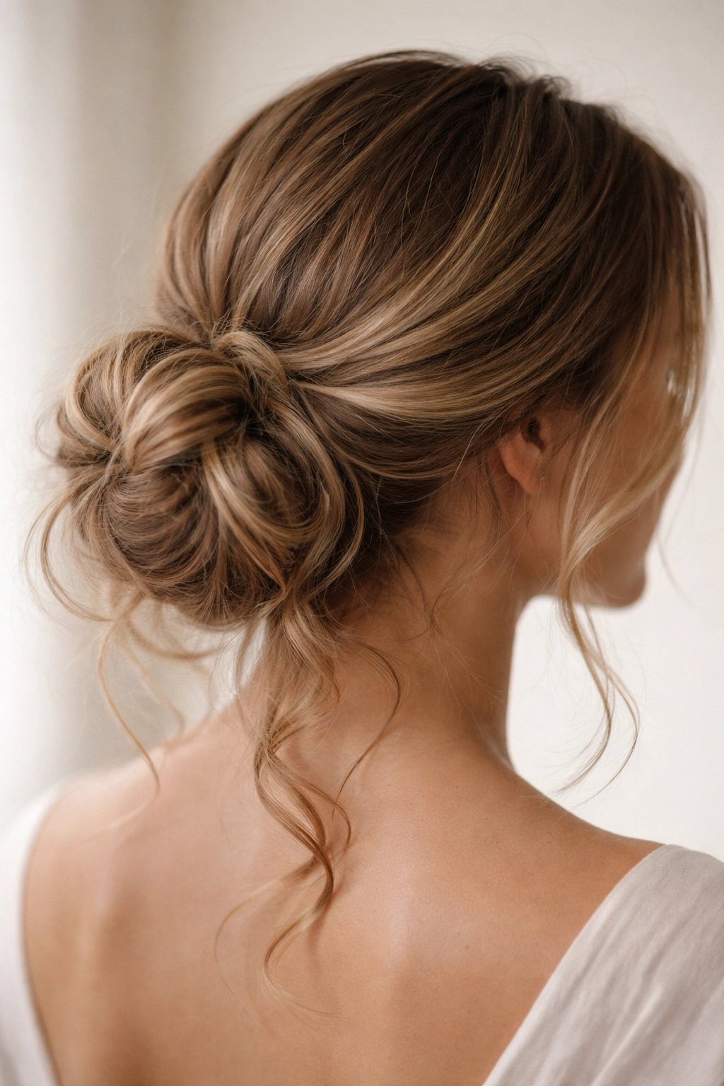Close-up of a low side messy bun with loose strands near the ear on a neutral backdrop