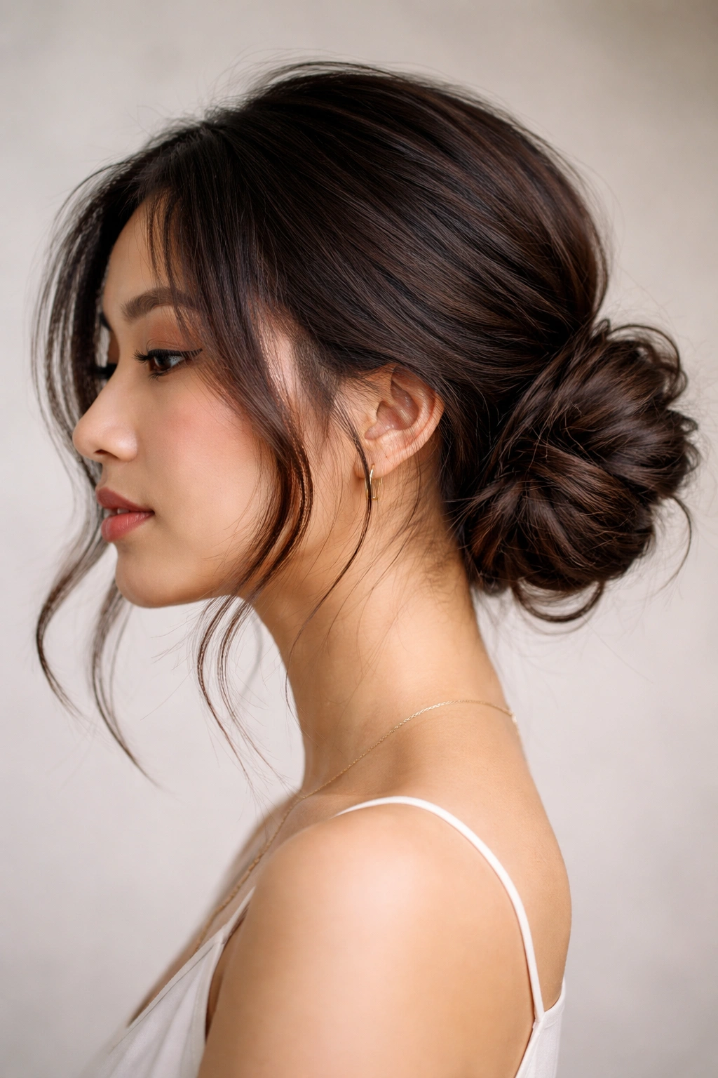 Side-profile view of a low, off-center textured bun at the ear and nape.