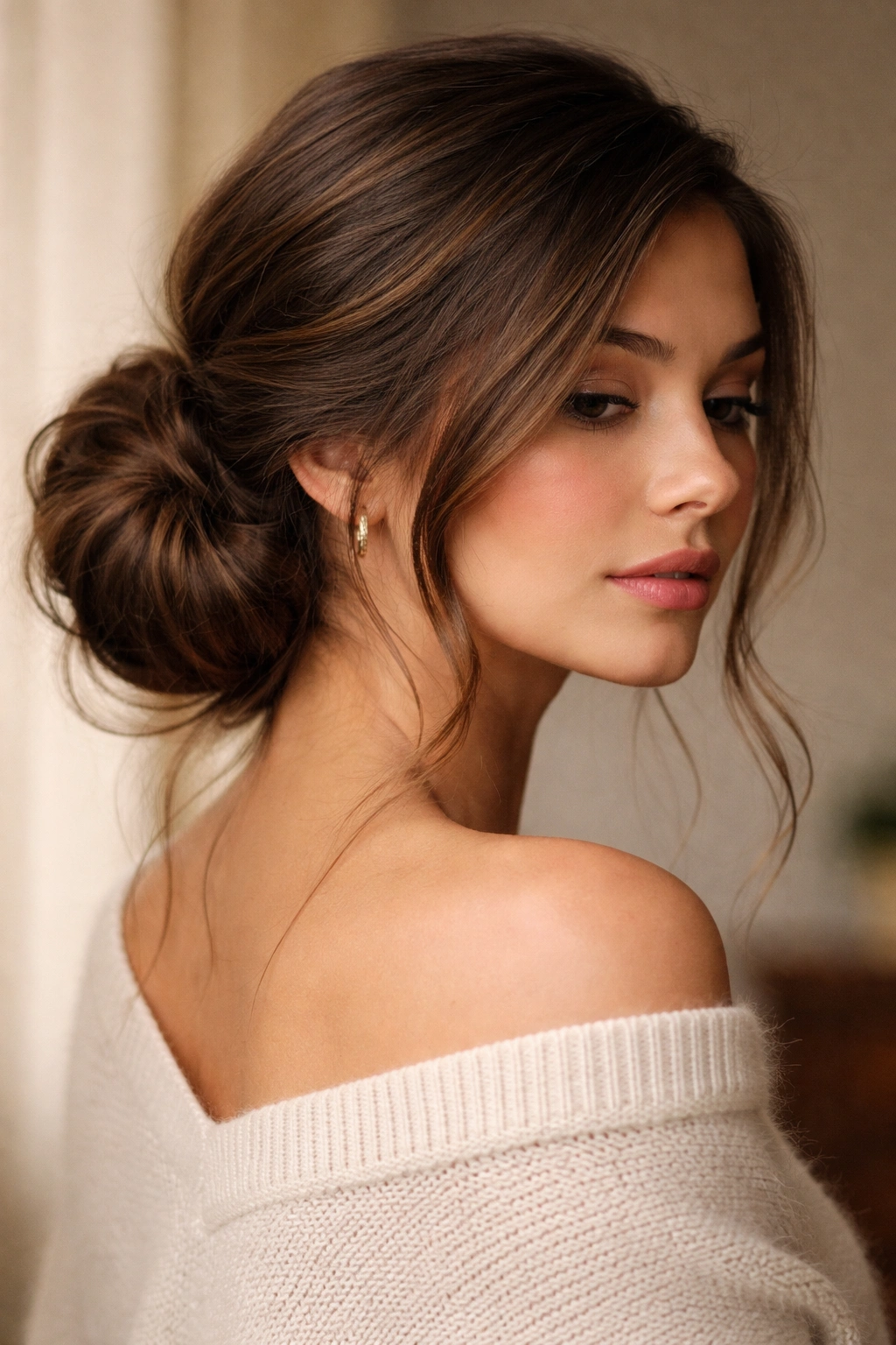 Close-up of a low side bun tucked at the shoulder with a soft, wispy side