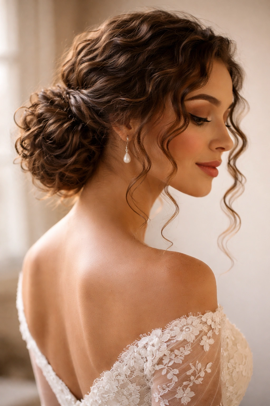 Three-quarter view of a low side knot with face-framing spirals