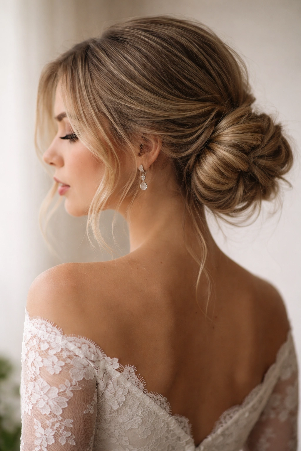 Low side knot bun with textured, loose strands framing the face