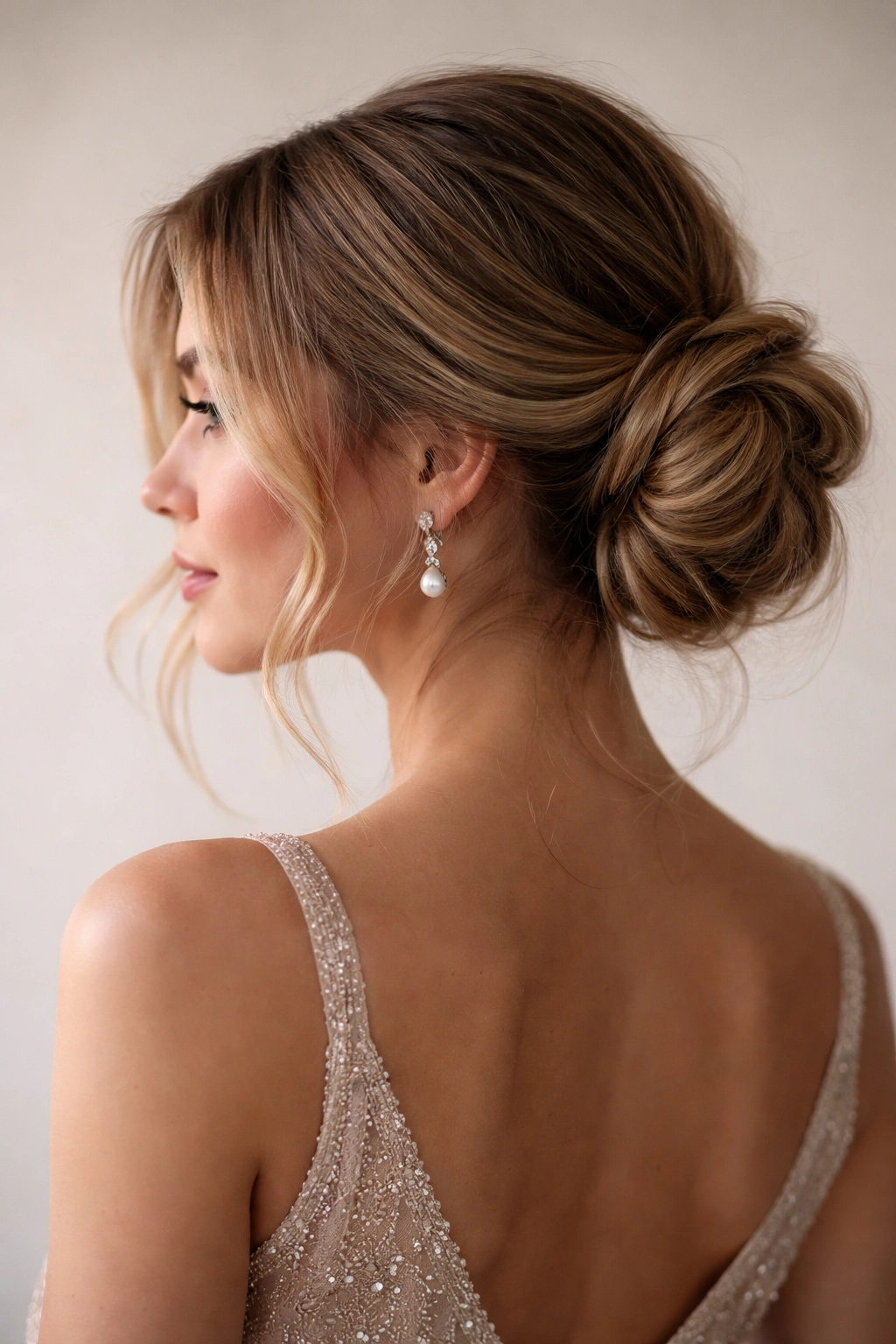 Side profile of a low-side messy bun with a diagonal placement and soft strands.