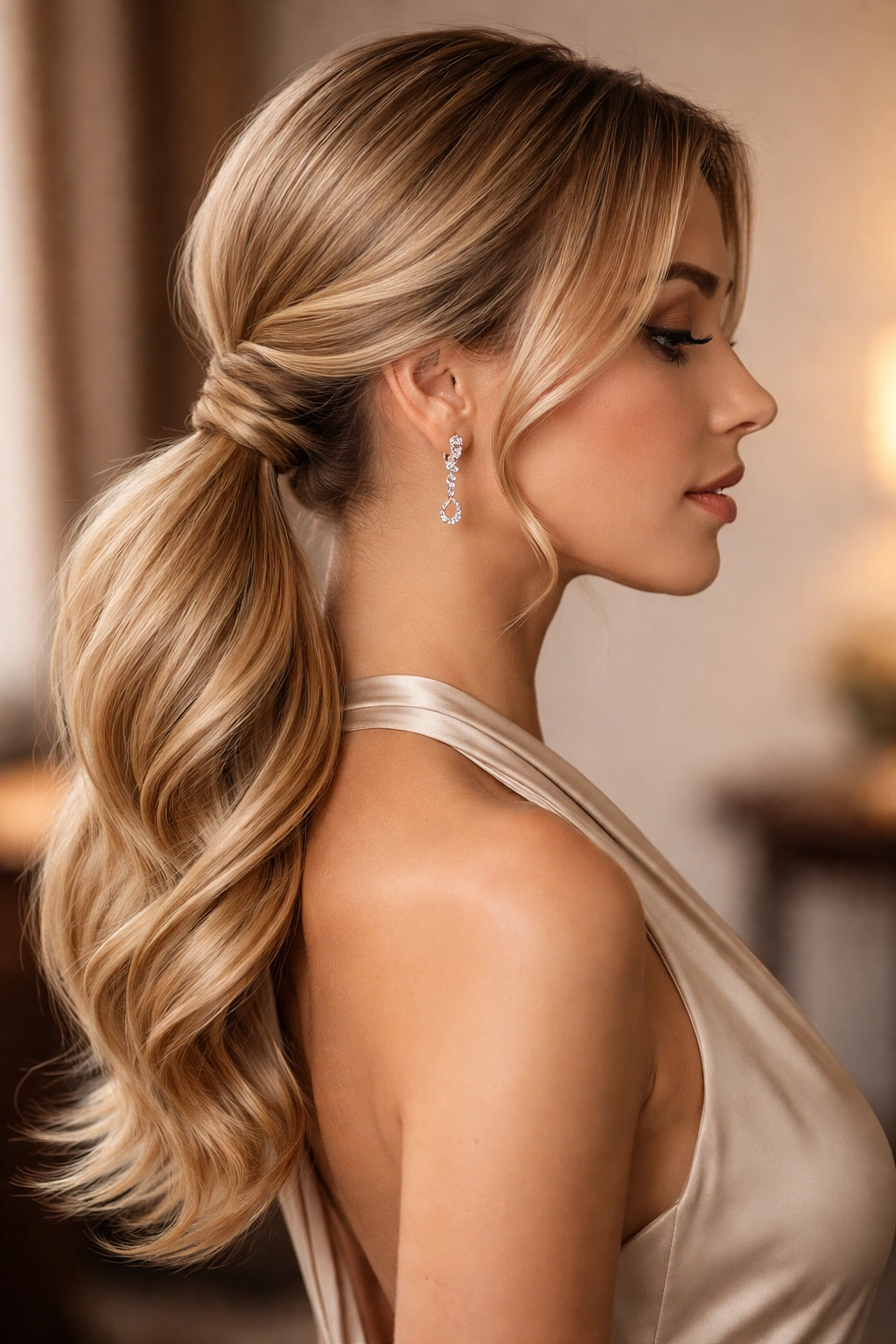 Low side ponytail with a twisted detail at the base
