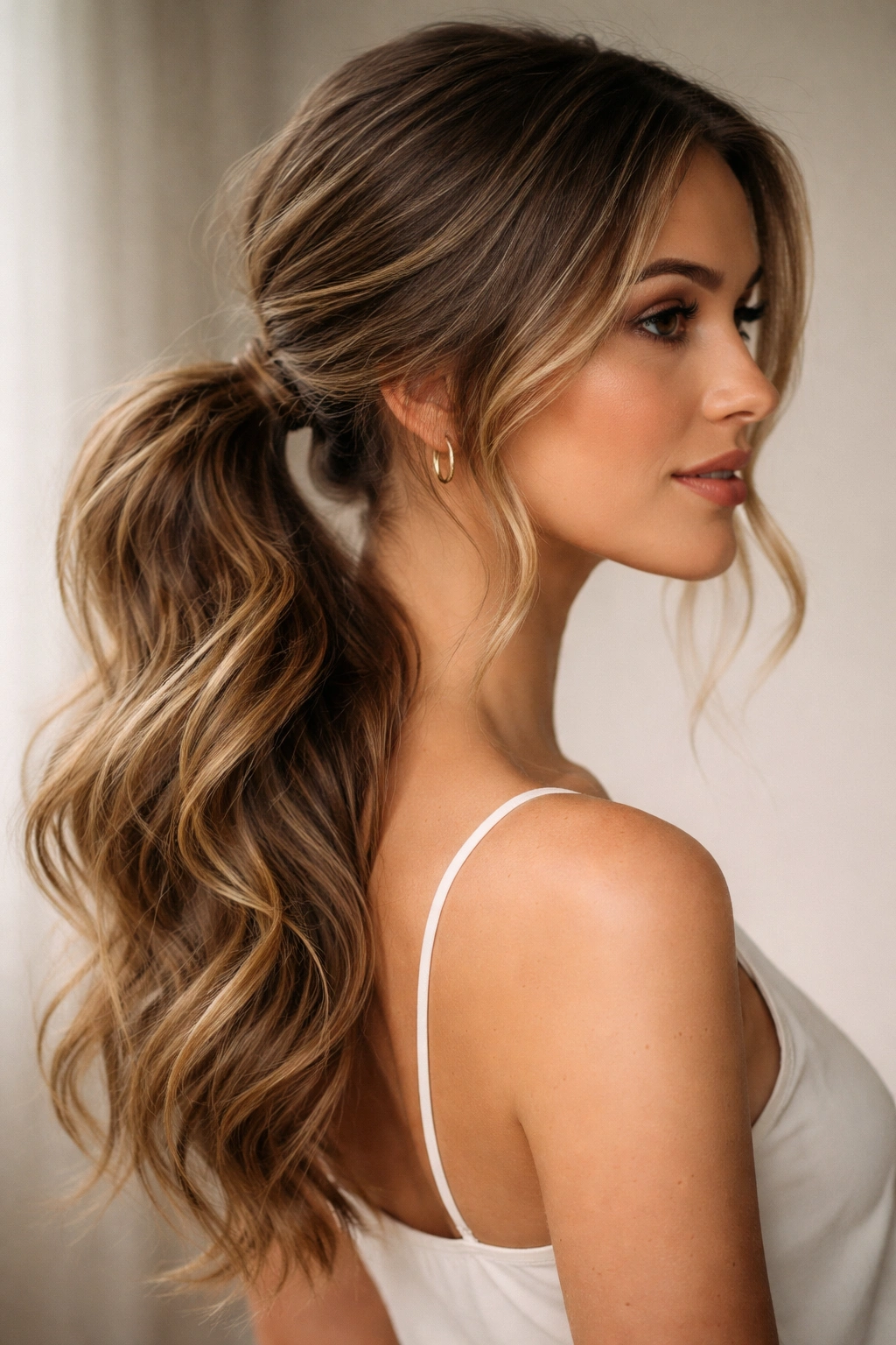 Close side view of a low side ponytail emphasizing waves and texture