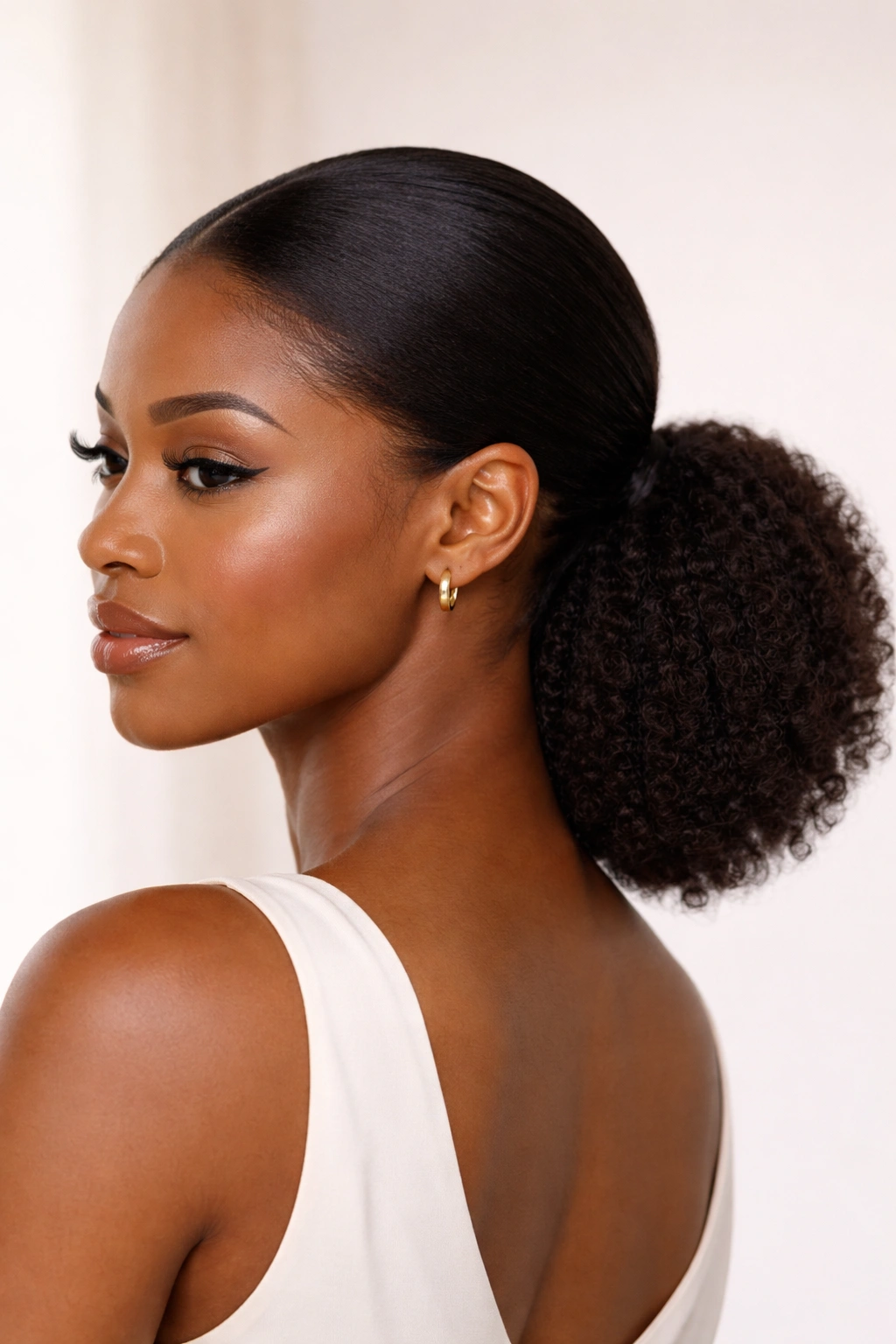 Close-up profile of a Black woman with a low, sleek Afro pony at the nape