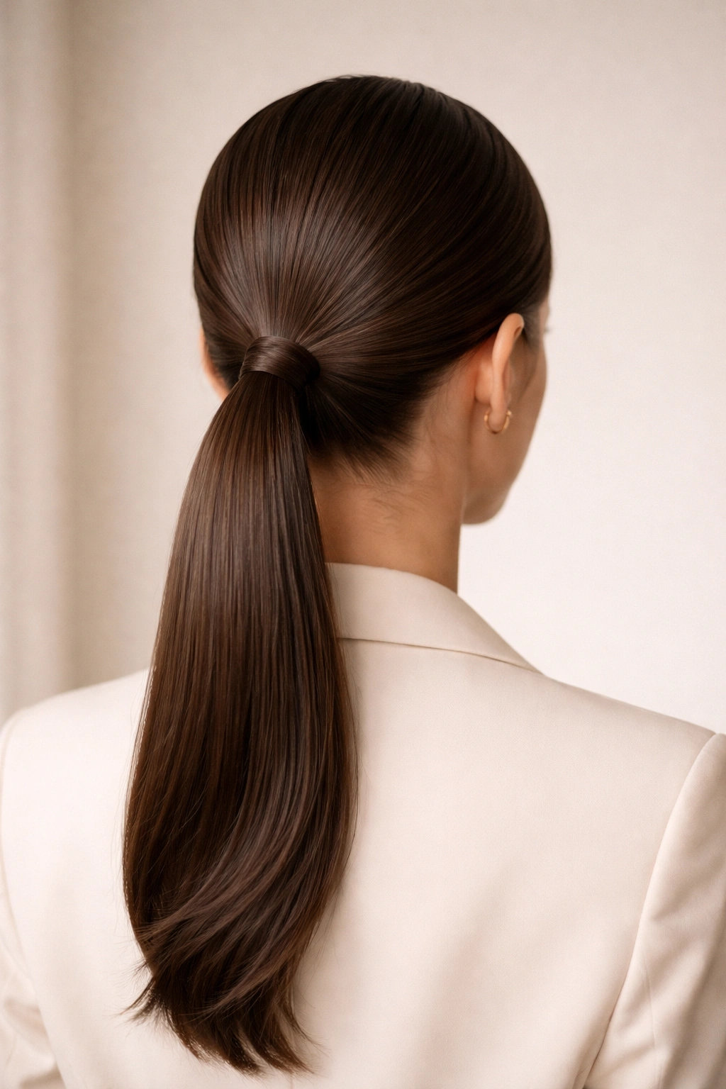 Back view of a low sleek ponytail at the nape with a glossy finish