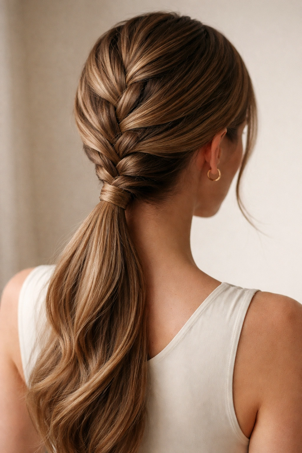 Close-up of a low-slung French braid ponytail at the nape
