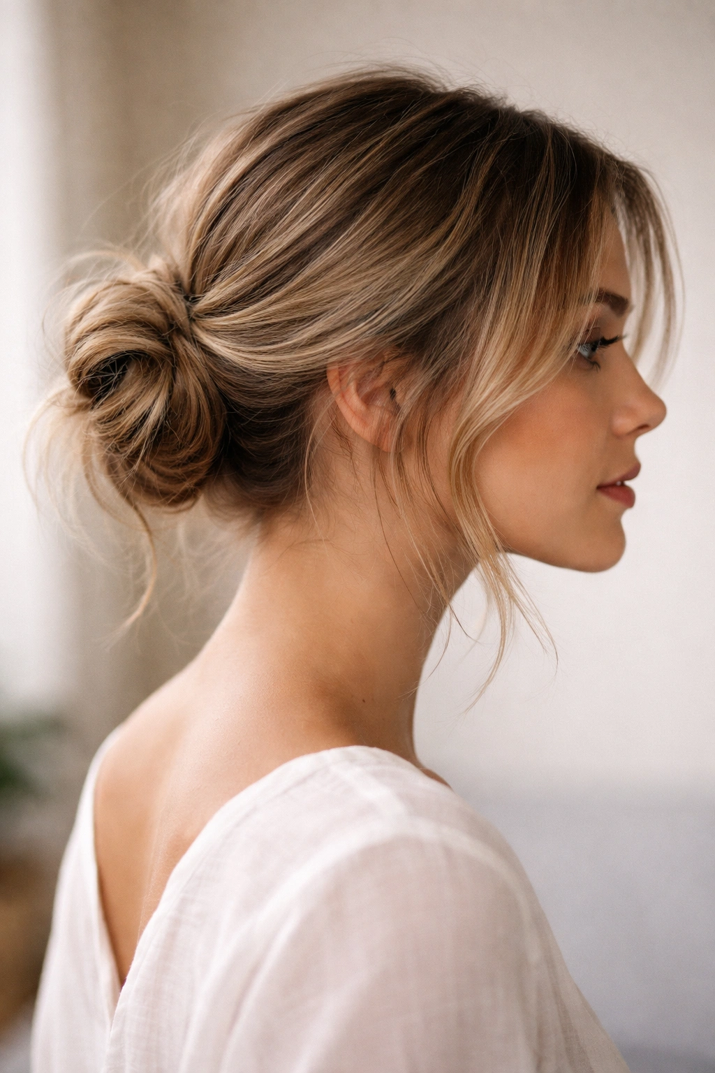 Close-up of Low-Slung Messy Bun at the nape with face-framing pieces
