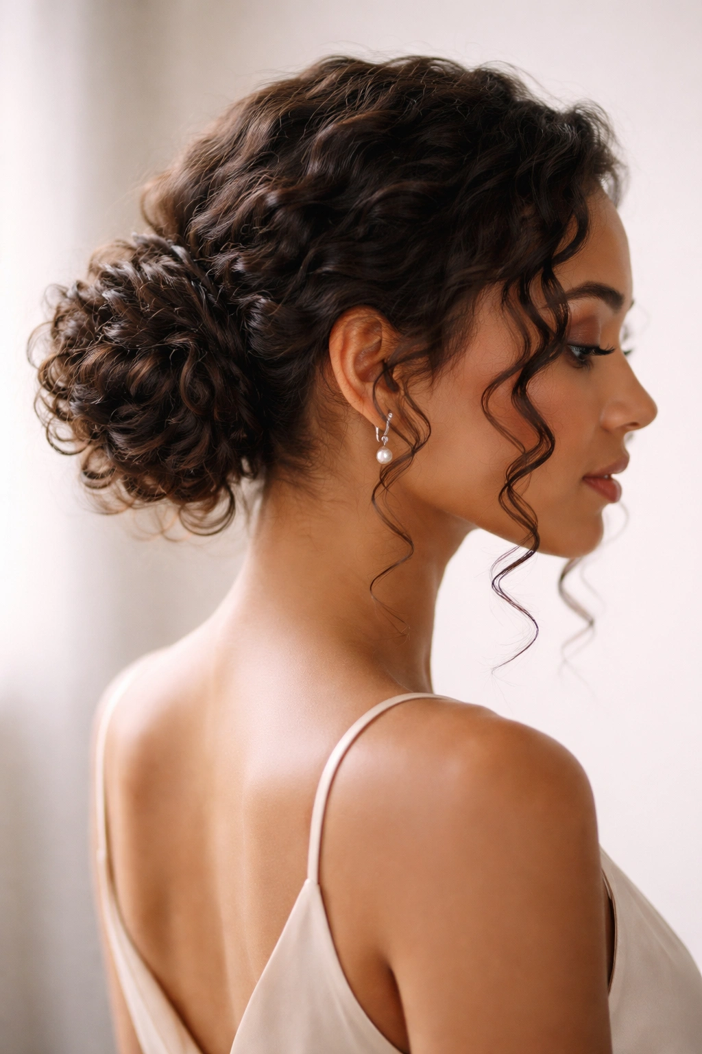 Low twisted bun with face-framing curls at the sides.