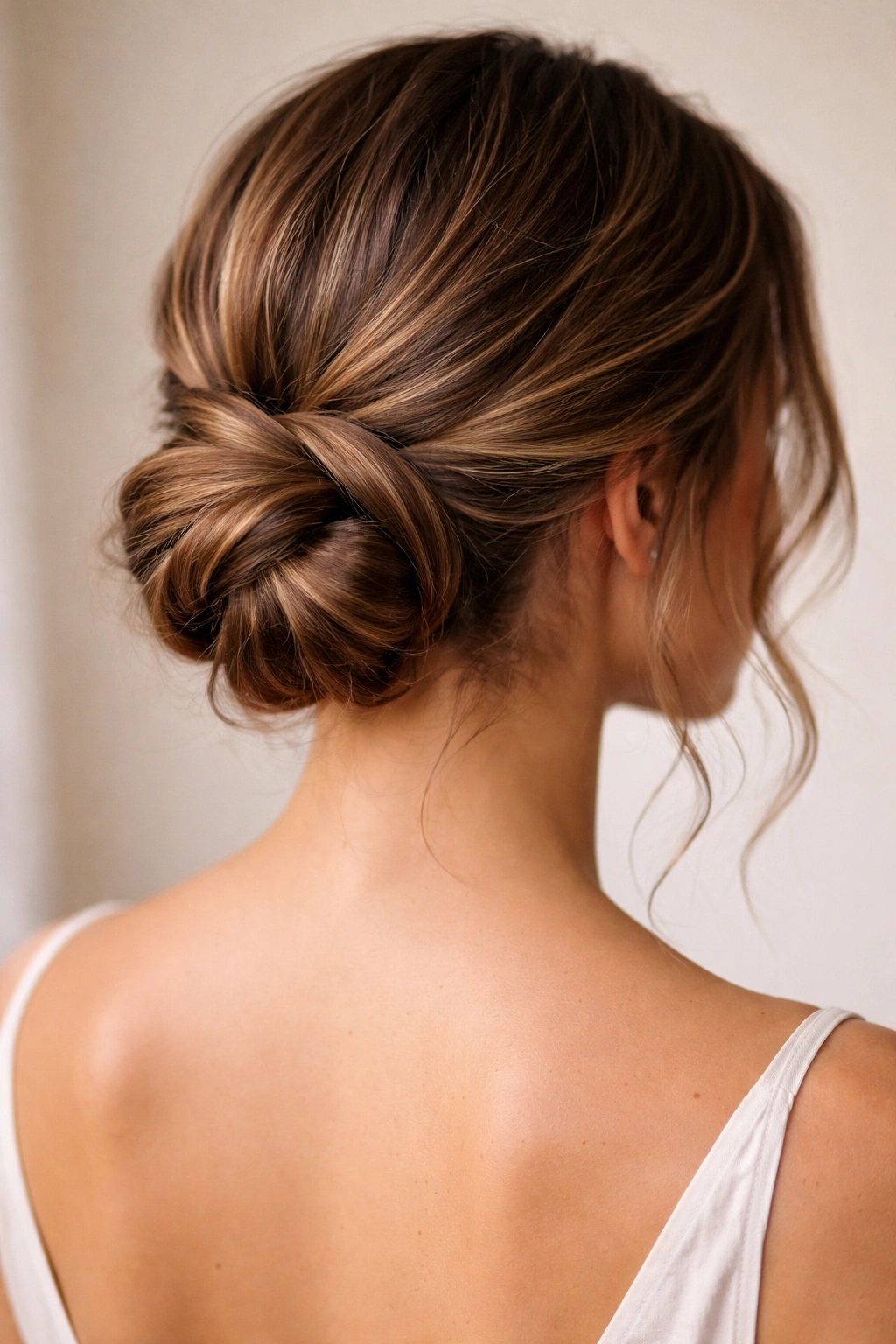 Low twisted bun at the nape on wavy hair