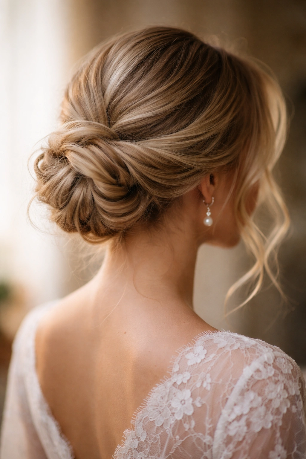 Low twisted messy bun at nape with two twists.
