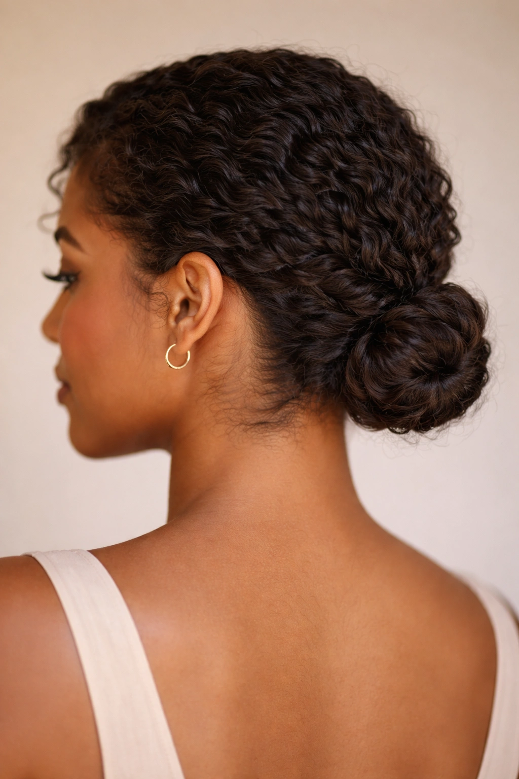 Close-up of a low twisted topknot on curly hair.