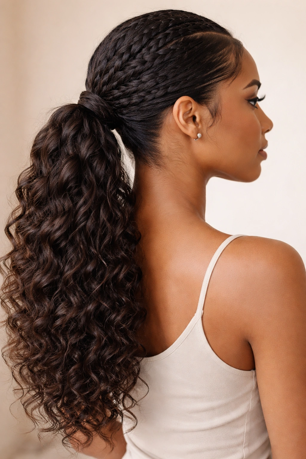 Low twisted weave ponytail with twisted crown blending into the ponytail