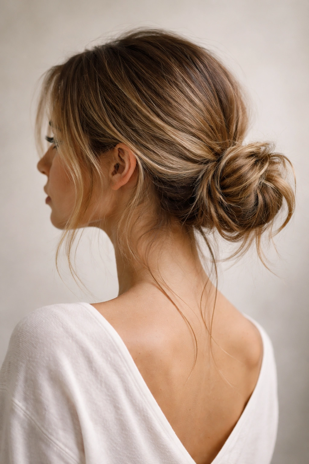 Low undone ponytail bun at the nape with soft waves