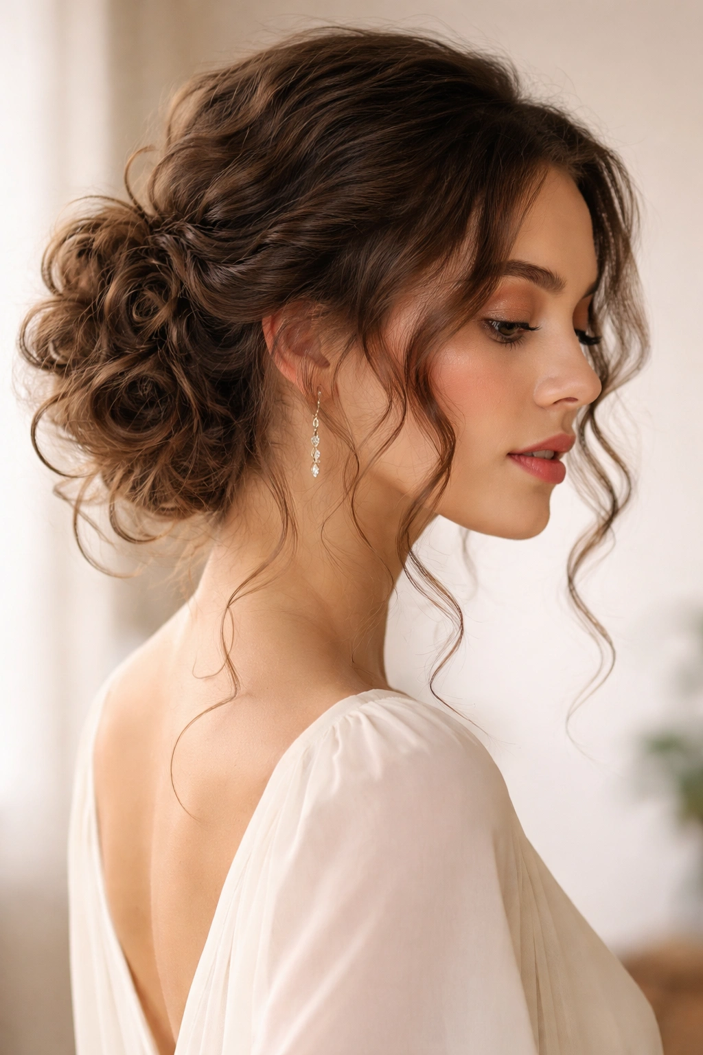 Low updo with curling tendrils framing the face