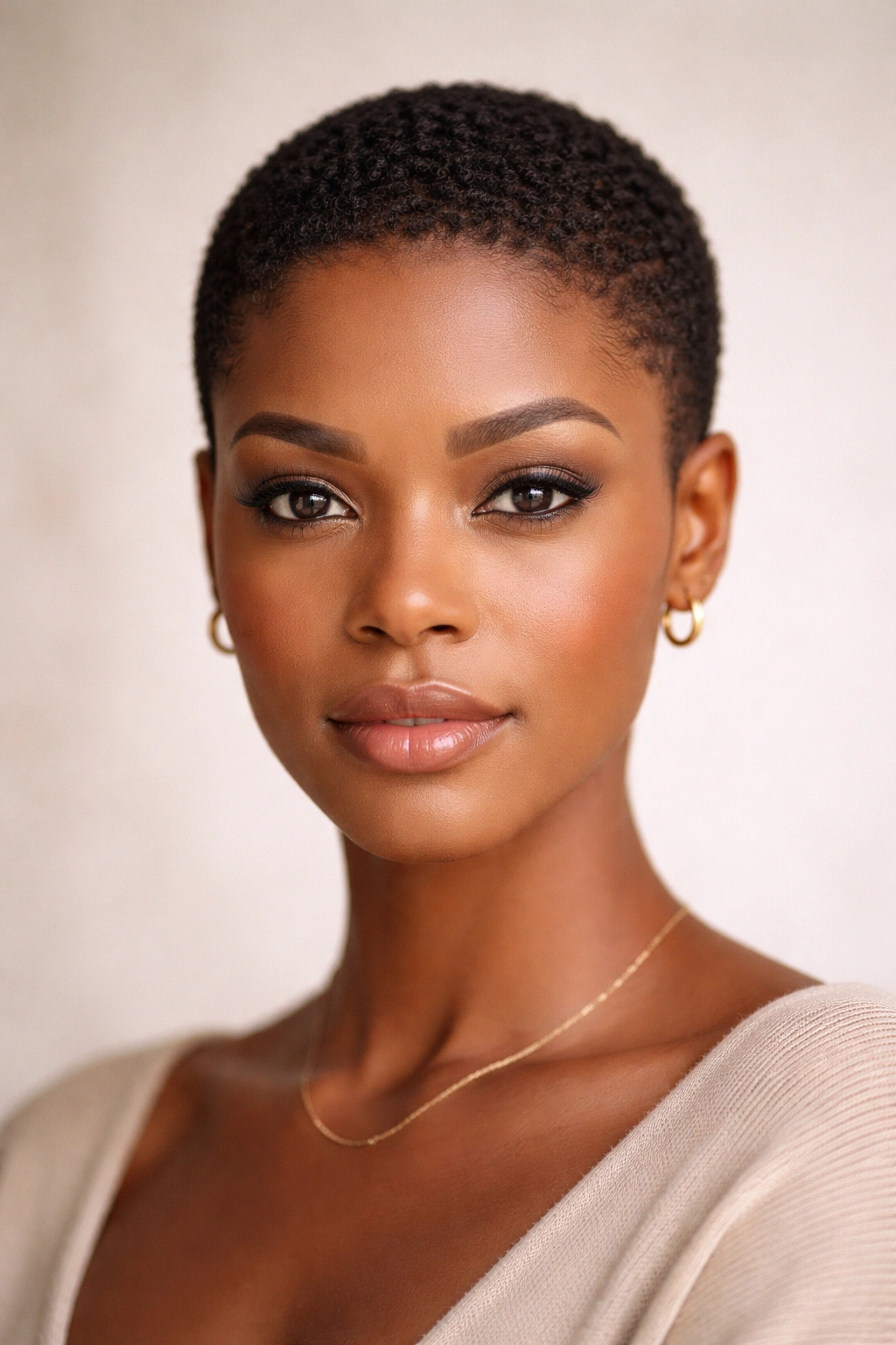 Close-up of a woman with a low-volume crop, emphasizing a tight, even finish.