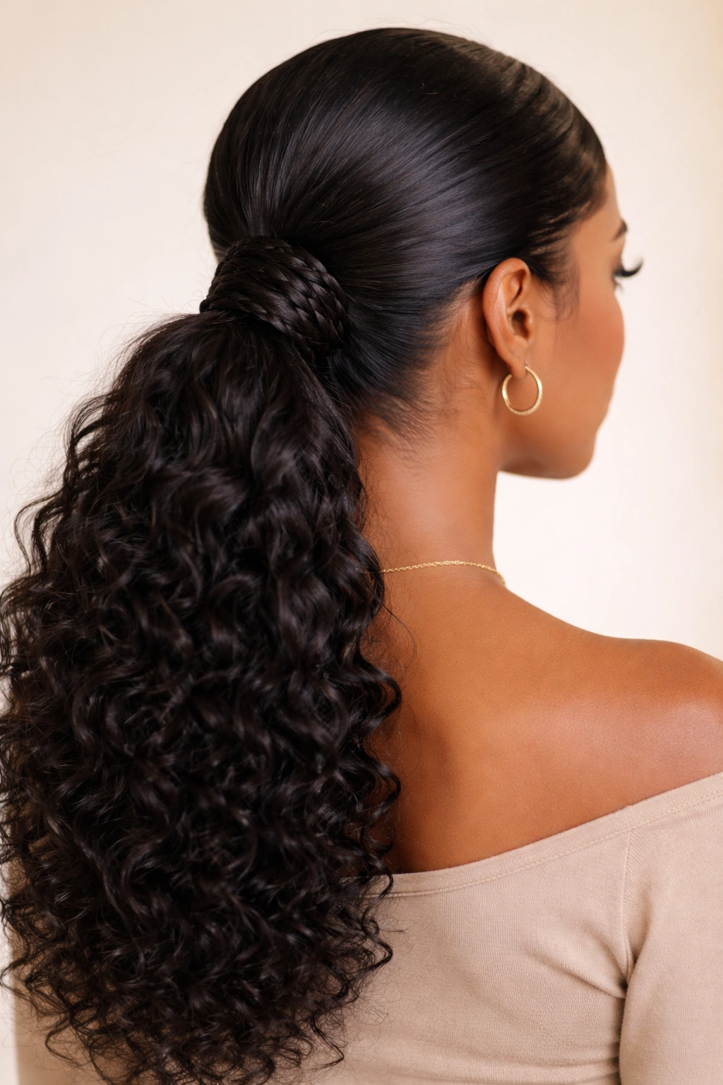 Low weave ponytail with wrapped base at the nape viewed from the back